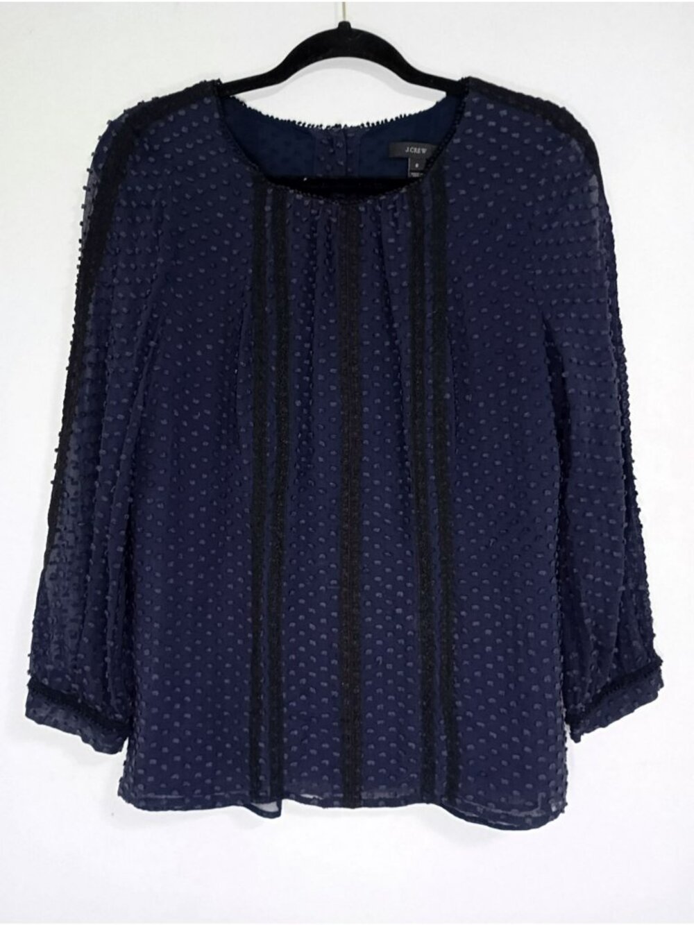 J.Crew Blouse Lace Accents Silk Blend Navy Swiss Dot Size 6 Womens